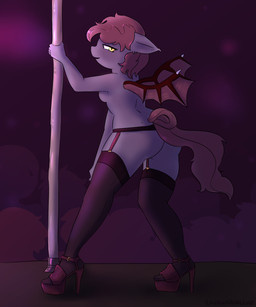anthro being_watched breasts butt clothing crowd female female_focus footwear garter_belt garter_straps group hair high_heels legwear looking_at_another looking_at_viewer membrane_(anatomy) membranous_wings mostly_nude nipples pink_hair pink_tail pole pupils purple_body purple_skin rear_view shoes slit_pupils solo_focus standing stockings strip_club stripper stripper_pole tail thigh_highs wings yellow_eyes rainbowsprinklesart hasbro my_little_pony fan_character bat_pony equid mammal 5:6 absurd_res hi_res