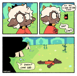 ambiguous_anthro ambiguous_gender anthro black_body black_fur clothed clothed_ambiguous clothing day dialogue duo fur grass lying on_back outside plant silhouette solo_focus speech_bubble text toony white_body white_fur white_wool wool_(fur) rubyfunkey cult_of_the_lamb massive_monster_(studio) lamb_(cult_of_the_lamb) narinder red_crown_(cult_of_the_lamb) bovid caprine domestic_cat felid feline felis mammal sheep 2024 comic digital_drawing_(artwork) digital_media_(artwork) english_text hi_res