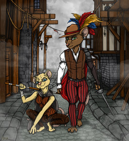 anthro blue_eyes brown_body brown_fur cape clothing duo fantasy female fog fur green_eyes hat headgear headwear male medieval melee_weapon raining staff sword tan_body tan_fur weapon ziegelzeig warhammer_(franchise) mammal murid murine rat rodent skaven 2022 hi_res