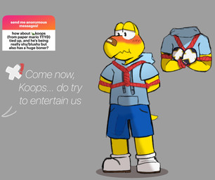 anthro bandage bdsm blush bondage bondage_gear bondage_gloves bound bulge clothed clothing erection handwear male mitts paper restrain rope simple_background solo text mrpawpaw mario_bros ngl nintendo paper_mario paper_mario:_the_thousand_year_door koops mario koopa koopa_troopa reptile scalie tortoise turtle digital_media_(artwork) english_text hi_res sketch