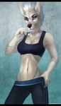 5_fingers anthro black_bars black_nose blue_eyes bra breasts clothed clothing eyebrows eyelashes female fingers hair looking_at_viewer midriff navel smile solo sports_bra standing underwear juliathedragoncat canid canine canis domestic_dog mammal 4:7 digital_media_(artwork) hi_res