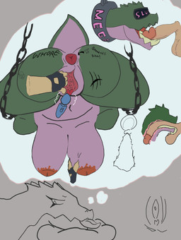 anthro anus areola bdsm bdsm_collar blindfold blotchy_areola body_writing bondage bound breasts chain collar collar_only deep_throat disembodied_hand disembodied_penis duo fellatio female fingering fingers genitals inverted_nipples knot knotted_penis knotting long_tongue male male/female masturbation motion_lines nipples nude offscreen_character oral oral_penetration penetration penile penis pillow puffy_anus restraints sex sex_toy solo suspended_sex suspension suspension_bondage thought_bubble thoughts tongue tongue_out tonguejob two_clitoris vaginal vaginal_fingering vaginal_masturbation vaginal_penetration vaginal_stretching vibrator vulva wand_vibrator ails reptile scalie absurd_res hi_res