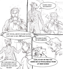 angry anthro argument bread butt casual_nudity chest_tuft convenient_censorship dipstick_ears dipstick_tail drinking duo ear_markings ears_back exclamation_point food fur furniture inside knife male markings medieval multicolored_ears multicolored_tail nude pivoted_ears scar sitting spots spotted_body spotted_fur standing surprised table tail tail_markings text tuft 0laffson enorach_(0laffson) lars_(0laffson) cheetah felid feline human mammal 2018 comic english_text graphite_(artwork) monochrome traditional_media_(artwork)