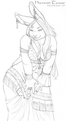 anthro armlet bracelet breasts clothed clothing ear_piercing ear_ring female hair harem harem_outfit jewelry piercing ring_piercing slightly_chubby solo wide_hips kierstal lagomorph leporid mammal rabbit black_and_white monochrome