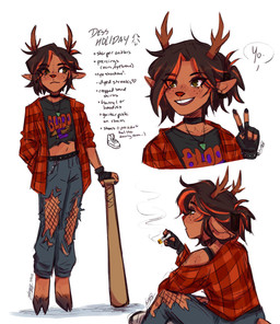 anthro antlers baseball_bat bat_(object) belt biped bottomwear brown_hair cigarette clothed clothed_anthro clothed_female clothing cloven_hooves crop_top denim denim_bottomwear denim_clothing female fishnet_clothing fishnet_leggings fishnet_legwear flannel_shirt freckled_face freckles fully_clothed fully_clothed_anthro fully_clothed_female green_eyes guitar_pick hair highlights_(coloring) hooves horn jeans jewelry leggings legwear midriff necklace pants red_hair red_nose shirt smile smoking smoking_cigarette solo standing teeth text tomboy topwear torn_bottomwear torn_clothing torn_jeans torn_pants sweggyq deltarune undertale_(series) dess_holiday deer mammal new_world_deer reindeer english_text hi_res