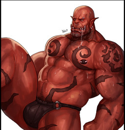 abs barazoku beard biceps big_muscles bodily_fluids bulge clothed clothing ear_piercing eyebrow_piercing facial_hair facial_piercing fangs hairless humanoid_pointy_ears lip_piercing looking_down male muscular muscular_humanoid muscular_male navel nipple_piercing nipples nose_piercing nose_ring not_furry orange_eyes pecs piercing pointy_ears red_body red_skin ring_piercing saliva septum_piercing simple_background solo suggestive_pose sweat tattoo teeth thong topless tusks underwear vein white_background dsharp_k blizzard_entertainment warcraft garrosh_hellscream humanoid orc detailed digital_media_(artwork)