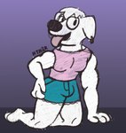 anthro barefoot bird_dog black_eyes black_nose bottomwear bulge canid canine canis clothing colored_sketch domestic_dog ear_piercing family_guy feet floppy_ears fur hair hand_on_hip hi_res hunting_dog hydethehybrid2000 jasper_(family_guy) kneeling labrador male mammal muscular muscular_anthro muscular_male open_mouth piercing pink_tongue retriever simple_background sketch solo tongue tongue_out topwear white_body white_fur white_hair