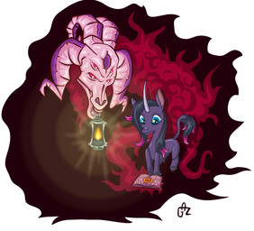 black_hair blue_eyes bone book cloven_hooves curved_horn duo female feral fur grey_body grey_fur hair hooves horn lamp lantern magic multi_eye quadruped skull skull_head standing toony unicornomicon alevgor mythology them's_fightin'_herds fhtng_the_unspeakable oleander_(tfh) demon equid equine mammal mythological_creature mythological_equine unicorn 2015 digital_media_(artwork) hi_res