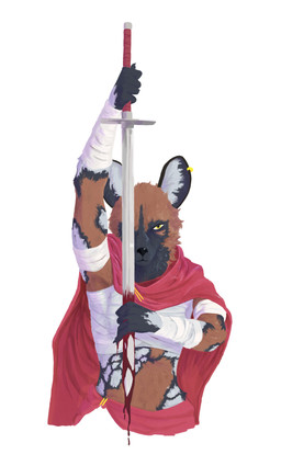 anthro bandage blood bodily_fluids cape clothing female melee_weapon solo sword weapon jowoc_art sang:_the_desert_blade sang_(sang:_the_desert_blade) african_wild_dog canid canine mammal absurd_res hi_res