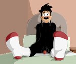 absurd_res anthro balls bed bedroom blush canid canine clothing disney feet footwear furniture genitals goof_troop hi_res inprogress looking_at_viewer male mammal max_goof nude penis sitting socks solo