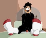 anthro balls bed bedroom blush clothing feet footwear furniture genitals glans looking_at_viewer male nude penis sitting socks solo inprogress disney goof_troop max_goof canid canine canis domestic_dog mammal 6:5 absurd_res hi_res