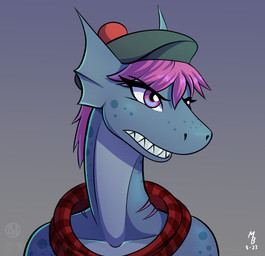 angry anthro bared_teeth bonnet clothing eyelashes female fin freckled_face freckled_shoulders freckles gills gradient_background hair head_fin headgear headwear long_eyelashes markings pink_eyes pink_hair plaid scarf simple_background slit_nostrils snout solo spot_freckles spots spotted_body spotted_ears spotted_shoulders teeth spritedude nessie_(spritedude) loch_ness_monster hi_res