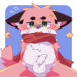 anthro balls blush blush_lines bodily_fluids brown_ears dripping ears_aside front_view fur genital_fluids genitals half-erect hands_behind_back head_tuft inner_ear_fluff looking_at_viewer male moon_symbol mostly_nude multicolored_body multicolored_fur navel open_mouth penis pink_body pink_fur precum precum_drip red_scarf scarf scarf_only sitting solo star_symbol tail tuft two_tone_body two_tone_fur white_body white_fur ranshinumeda334 rasukun_(character) canid canine canis mammal wolf 1:1 2026 hi_res