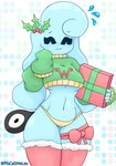 anthro blue_body blush bodily_fluids breasts christmas_clothing clothing eyes_closed female holidays legwear nervous nervous_smile nervous_sweat ribbons solo stockings sweat under_boob plscallmelex christmas game_freak nintendo pokemon weezer fan_character suki_(plscallmelex) generation_3_pokemon pokemon_(species) wynaut digital_drawing_(artwork) digital_media_(artwork) hi_res portrait three-quarter_portrait