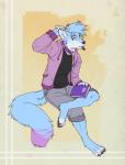 anthro barefoot biped blue_body blue_fur blue_hair book clothed clothing collar fangs feet fur hair jacket male open_clothing open_jacket open_topwear simple_background solo teeth topwear diesel_wiesel goji_(flitchee) canid canine fox mammal hi_res