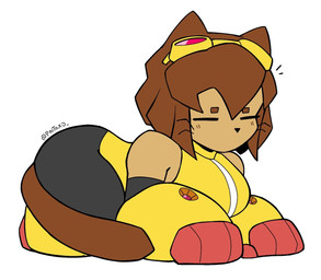 acting_like_a_cat all_fours anthro armor bangs black_bottomwear black_clothing black_nose bottomwear breasts brown_body brown_hair brown_tail clothing eyes_closed eyewear eyewear_on_head female gauntlets gloves goggles goggles_on_head greaves hair handwear loaf medium_breasts mouthless short_hair side_view simple_background solo tail text topwear triangle_nose tucked_arms tucked_legs tucked_tail vambrace whiskers white_background yellow_clothing yellow_topwear paitoxd gameoverse glitch_productions kit_bodega domestic_cat felid feline felis mammal 2026 artist_name flat_colors full-length_portrait portrait