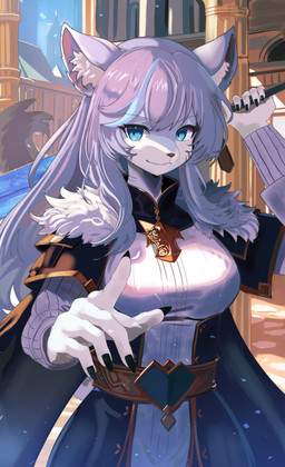 anthro blue_eyes breasts claws closed_smile clothed clothing dress female front_view fully_clothed fur grey_hair hair inner_ear_fluff looking_at_viewer melee_weapon mouth_closed outside smile solo standing sword tuft weapon white_body white_fur kemo_yuki yaku_(huggableneko) felid mammal pantherine snow_leopard absurd_res hi_res
