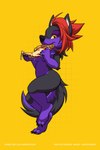 4_toes 5_fingers anthro biped black_body black_fur breasts eating featureless_breasts feet female fingers food fur hair looking_at_viewer nude pizza purple_body purple_fur red_hair simple_background smile solo text toes yellow_background yellow_eyes lapres canid canine canis mammal wolf 2021 digital_media_(artwork) english_text hi_res