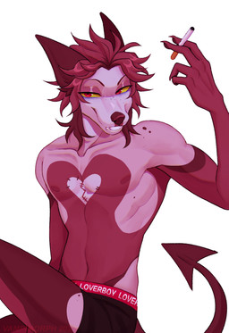 anthro cigarette claws clothing finger_claws freckles hair heart_(marking) male markings red_eyes red_hair simple_background smile smooth_skin solo spade_tail tail underwear white_background yellow_sclera vampimorph lock_(vampimorph) canid canine mammal absurd_res hi_res