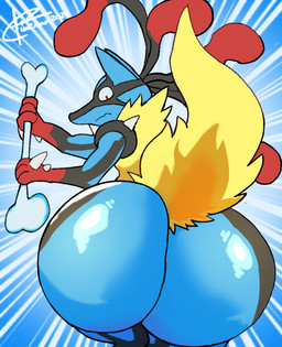 3_fingers ambiguous_anthro ambiguous_gender anthro big_butt biped black_body black_fur black_markings blue_body blue_fur bone butt facial_markings fingers fur glistening glistening_butt gloves_(marking) hand_spike head_markings holding_bone holding_object huge_butt legs_together looking_at_viewer looking_back looking_back_at_viewer markings mask_(marking) mouth_closed multicolored_body multicolored_fur nude nude_ambiguous nude_anthro rear_view red_body red_eyes red_fur solo spikes spikes_(anatomy) tail text yellow_body yellow_fur yellow_tail crimenes nintendo pokemon canid canine generation_6_pokemon mammal mega_evolution mega_lucario pokemon_(species) 2025 artist_name digital_media_(artwork)