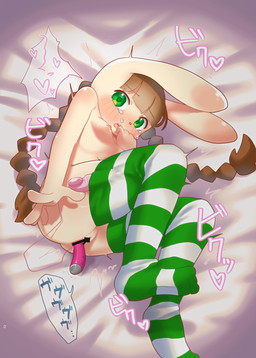 anthro areola bangs bedroom blunt_bangs blush blush_lines bodily_fluids braided_hair breasts brown_hair censor_bar censored_genitalia censored_vulva clothing dildo dildo_in_vagina dildo_insertion eyebrows female genitals green_eyes green_stripes hair heart_symbol legwear long_ears long_hair looking_at_viewer nipples nude nude_anthro nude_female open_mouth pattern_clothing pattern_legwear pattern_thigh_highs penetration pigtails sex_toy sex_toy_in_vagina sex_toy_insertion small_breasts solo striped_clothing striped_legwear striped_thigh_highs stripes tears text thigh_highs vaginal vaginal_penetration vibrator vibrator_in_vagina vulva young oto_guruto bemani konami pop'n_music mimi_(pop'n_music) lagomorph leporid mammal rabbit absurd_res censored hi_res japanese_text