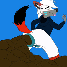 anthro anus bent_over big_anus blue_anus blue_vulva clothing excessive_feces feces female fur genitals hoodie huge_anus hyper hyper_anus hyper_feces narrowed_eyes raised_hand raised_tail scatplay tail tongue tongue_out topwear vulva white_body white_fur anonymous_artist azzre canid canine fox mammal 1:1 hi_res