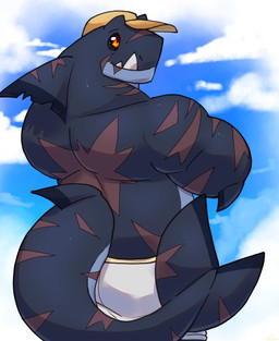 anthro back_muscles black_sclera bottomwear clothed clothing cloud cloudy_sky dorsal_fin elbow_fin fangs fin hat headgear headwear male muscular muscular_arms orange_eyes outside scar scars_all_over shorts sky smile solo tail tail_fin teeth topless topless_anthro topless_male white_bottomwear white_clothing white_shorts yellow_clothing yellow_hat yellow_headwear same22shark nelson_(same22shark) aquatic fish shark 2022 digital_media_(artwork)