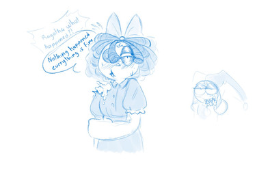 arm_grab blush bodily_fluids doll duo facial_markings female head_markings looking_at_viewer looking_away markings mitten_hands narrowed_eyes nervous nervous_smile nervous_sweat not_furry offscreen_character rag_doll_(toy) sharp_teeth smug_grin speech_bubble sweat sweatdrop tear_(marking) teeth shovelynnne glitch_productions the_amazing_digital_circus evil_pomni_(tadc) ragatha_(tadc) animate_inanimate humanoid living_doll living_toy monochrome
