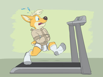 anthro bdsm black_nose blonde_hair blue_eyes bodily_fluids briefs brown_nose bulge clothing exercise footwear fur hair male open_mouth orange_body orange_fur restraints socks solo straitjacket sweat tan_body tan_fur teeth_showing tighty_whities tongue_showing treadmill underwear white_briefs white_clothing white_footwear white_socks white_underwear vir-no-vigoratus avery_(vir-no-vigoratus) canid canine canis domestic_dog herding_dog mammal pastoral_dog welsh_corgi 4:3