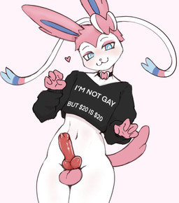 animal_genitalia animal_penis anthro balls belly bodily_fluids canine_genitalia canine_penis claws clothing dripping erection femboy gay_for_pay genital_fluids genitals heart_symbol knot knotted_penis male male_anthro penis pose precum precum_drip presenting presenting_penis shirt smile smug solo tail topwear duckerzzart nintendo pokemon eeveelution generation_6_pokemon pokemon_(species) sylveon 2026 hi_res pinup