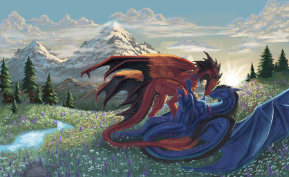 black_hair blue_body blue_scales day detailed_background detailed_scales duo feathered_wings feathers female feral hair horn lying male membrane_(anatomy) membranous_wings outside red_body red_scales scales sky smile sun tail wings aaros mythology aaros_(character) addradry dragon feathered_dragon feathered_scalie mythological_creature mythological_scalie scalie detailed hi_res