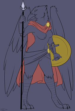 anthro armor avian_arms avian_feet beak bracers breasts claws cloak clothing feathered_wings feathers feet female genitals holding_object holding_weapon ineffective_clothing melee_weapon nipples non-mammal_breasts non-mammal_nipples polearm sash scuted_arms scutes shield simple_background solo spear standing toes vulva weapon wings pmoss elenora_(bahumot) avian bird corvid corvus_(genus) oscine passerine raven digital_media_(artwork)