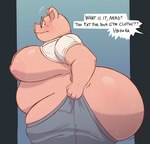 anthro big_butt big_moobs blush butt clothing dialogue embarrassed eyewear glasses huge_butt male moobs offscreen_character overweight overweight_anthro overweight_male solo struggling text shikapandakuma tight_pants_(meme) nerd_pig_(zedith) domestic_pig mammal suid suine sus_(pig) absurd_res english_text hi_res meme