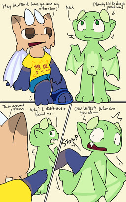 2_horns 3_toes animal_genitalia anthro balls balls_only blue_arms blue_bottomwear blue_clothing blue_feet blue_footwear blue_legs blue_pants blue_shoes blue_tail bottomwear brown_eyes claws clothing dialogue duo feet footwear genital_slit genitals green_arms green_body green_ears green_eyes green_feet green_legs green_tail head_horn horn kick light_horn light_wings male monotone_horn multicolored_body nude one_shoe_on pants plantigrade prank shirt shoes sitting smooth_horn speech_marker tail text toes topwear wing_claws wings yellow_clothing yellow_ears yellow_head yellow_shirt yellow_topwear nomani_int32 european_mythology mythology nomani_(nomani_int32) wasabi_(nomani_int32) dragon mythological_creature mythological_scalie scalie western_dragon wyvern 5:8 comic hi_res japanese_text brother_(lore) brothers_(lore) sibling_(lore)