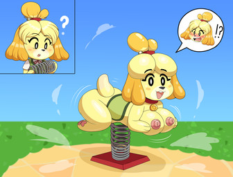 anthro anthro_to_inanimate blonde_hair breasts day female glistening glistening_body hair inanimate_transformation interrobang nipples open_mouth outside pawpads question_mark shocked smile solo spring_rider surprised tail transformation flybeeth animal_crossing nintendo isabelle_(animal_crossing) canid canine canis domestic_dog mammal 2025 absurd_res digital_media_(artwork) hi_res