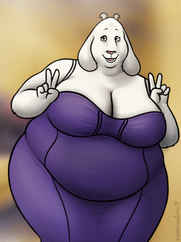 anthro big_breasts big_butt breasts butt clothing dress female fur gesture hand_gesture horn looking_at_viewer overweight overweight_anthro overweight_female purple_clothing purple_dress red_eyes simple_background smile solo standing v_sign white_body white_fur oystercatcher7 undertale_(series) toriel bovid caprine goat mammal hi_res