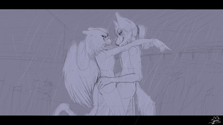 anthro butt butt_grab duo eye_contact farm female field flat_chested fur hair hand_on_butt hug looking_at_another male male/female raining seaside waist_grab wet wet_body wet_fur wet_hair wings miauseph mythology rimworld avian canid canine canis gryphon mammal mythological_avian mythological_creature wolf 16:9 hi_res letterbox sketch unfinished widescreen