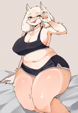 adjusting_glasses anthro bed belly_rolls big_breasts blush bottomwear bra breasts chest_tuft cleavage clothed clothing dolphin_shorts eyewear female floppy_ears fluffy_ears fur furniture glasses looking_at_viewer lop_ears love_handles mature_female midriff navel on_bed one_eye_closed overweight overweight_anthro overweight_female shorts sitting sitting_on_bed slightly_chubby smile solo sports_bra thick_thighs tuft underwear white_body white_fur wink winking_at_viewer hoshoidk undertale_(series) toriel boss_monster_(undertale) bovid caprine goat mammal digital_media_(artwork) hi_res