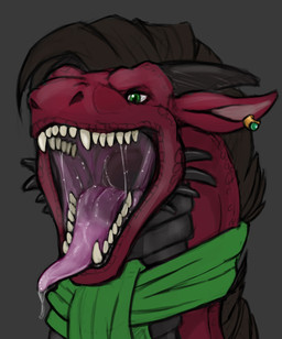 ambiguous_gender black_body black_horn bodily_fluids brown_hair cheek_spikes ear_piercing ear_ring facial_spikes fangs feral glistening glistening_eyes green_eyes green_scarf grey_background hair horn mouth_shot narrowed_eyes open_mouth piercing purple_tongue red_body red_scales ring_piercing saliva saliva_on_tongue saliva_string scales scarf short_hair simple_background solo spikes spikes_(anatomy) teeth tongue tongue_out unsigned acidic mythology ray_vanhem dragon mythological_creature mythological_scalie scalie hi_res