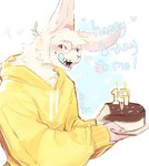 anthro blue_tongue blush brown_eyes cake clothing dessert eyewear eyewear_on_head fangs food fur glasses glasses_on_head holding_cake holding_food holding_object hoodie looking_at_viewer male solo teeth tongue topwear white_body white_fur yellow_clothing yellow_hoodie yellow_topwear bunonthemoon lagomorph leporid mammal rabbit 2024