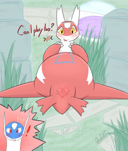 anime_nosebleed anus blood blush blush_lines bodily_fluids duo female feral genitals glistening glistening_genitalia glistening_vulva grass nosebleed open_mouth outside plant presenting presenting_anus presenting_vulva sidewalk smile surprised vulva yellow_eyes glacefrostbite nintendo pokemon pokemon_unite generation_3_pokemon latias latios legendary_pokemon pokemon_(species) absurd_res hi_res