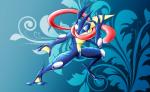 ambiguous_gender blue_body feet gradient_background leg_markings long_tongue markings membrane_(anatomy) pupils red_eyes short_tail simple_background solo tail toes tongue webbed_feet white_pupils e1ectronicchimera nintendo pokemon generation_6_pokemon greninja pokemon_(species) 2015 digital_media_(artwork) hi_res