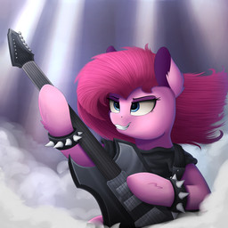 blue_eyes bracelet clothing electric_guitar female feral fur guitar hair jewelry musical_instrument pink_body pink_fur pink_hair playing_guitar playing_music plucked_string_instrument solo string_instrument teeth vanillaghosties friendship_is_magic hasbro my_little_pony pinkamena_(mlp) pinkie_pie_(mlp) equid mammal 1:1 2016 hi_res