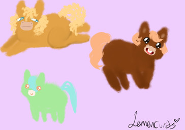 :> ambiguous_feral ambiguous_gender beady_eyes blonde_hair blue_hair blue_tail brown_body brown_fur buckteeth feral fur green_body green_fur hair lying on_front open_mouth orange_eyes orange_hair orange_tail purple_background simple_background smile standing tail teeth text yellow_tail young young_ambiguous young_feral lemoncurds fluffy_pony fluffy_pony_(species) mammal 2024 artist_name digital_media_(artwork) hi_res