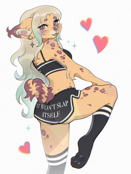 anthro bangs blep blonde_hair blush blush_lines bottomwear brown_eyebrows brown_markings butt clothing crop_top ear_piercing eyebrows eyelashes feet female footwear fur green_eyes green_hair hair heart_symbol inner_ear_fluff legwear long_hair markings midriff multicolored_hair orange_body orange_fur pawpads paws piercing shirt shorts simple_background socks soles solo spots spotted_body spotted_fur stockings text three-quarter_view toes tongue tongue_out topwear tuft two_tone_hair white_background cepto_(artist) cepto felid feline lynx mammal 2024 3:4 colored colored_sketch digital_drawing_(artwork) digital_media_(artwork) english_text hi_res shaded sketch