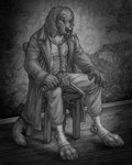 anthro black_nose button_(fastener) chair classy claws clothed clothing coat cravat finger_claws flintlock_pistol floor floppy_ears footwear fully_clothed furniture gun hand_on_knee hand_on_leg inside looking_at_viewer male ranged_weapon sitting solo spats tail toe_claws toeless_footwear topwear vest wallpaper_(decoration) weapon whisker_spots wood wood_floor rukis hearttheft red_lantern_universe bird_dog canid canine canis domestic_dog hunting_dog irish_setter mammal setter 2024 4:5 digital_media_(artwork) monochrome shaded