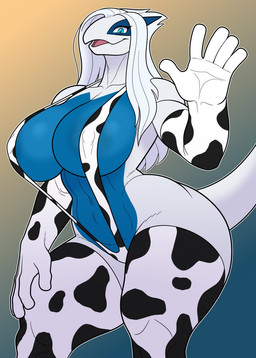animal_print animal_print_bikini anthro big_breasts bikini blue_eyes blue_underbelly breasts clothing cow_print cow_print_bikini female gesture hair looking_at_viewer pattern_bikini pattern_clothing pattern_swimwear solo swimwear thick_thighs two-piece_swimsuit waving waving_at_viewer white_body white_hair dfaop nintendo pokemon generation_2_pokemon legendary_pokemon lugia pokemon_(species)