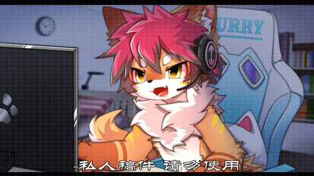 anthro big_eyes computer electronics fur gaming hair headgear headphones headset kemono male nude_anthro nude_male open_mouth orange_body orange_fur pink_hair playing_video_game slim_anthro slim_male solo white_body white_fur hlg7777 canid canine fox mammal 2022