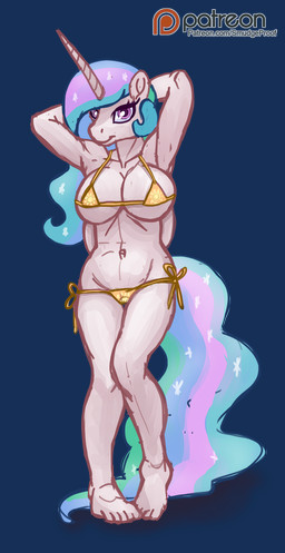 anthro arms_above_head big_breasts bikini breasts clothing female hands_behind_head horn looking_at_viewer navel patreon_logo plantigrade pose raised_arm simple_background solo sun swimwear text transparent_background two-piece_swimsuit website_logo wings smudge_proof friendship_is_magic hasbro my_little_pony mythology patreon princess_celestia_(mlp) equid equine mammal mythological_creature mythological_equine winged_unicorn alpha_channel hi_res sketch url