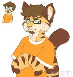 alternate_species annoyed anthro brown_hair clothing eyewear fangs glasses hair looking_aside male shirt simple_background solo stripes teeth topwear white_background kayno pngtuber saberspark vtuber saberspark_(character) felid human mammal prehistoric_species saber-toothed_tiger absurd_res hi_res